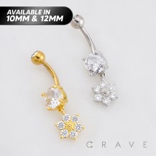 MULTI CZ 6 PETAL FLOWER DANGLE BELLY BUTTON NAVEL RING 316L SURGICAL STEEL